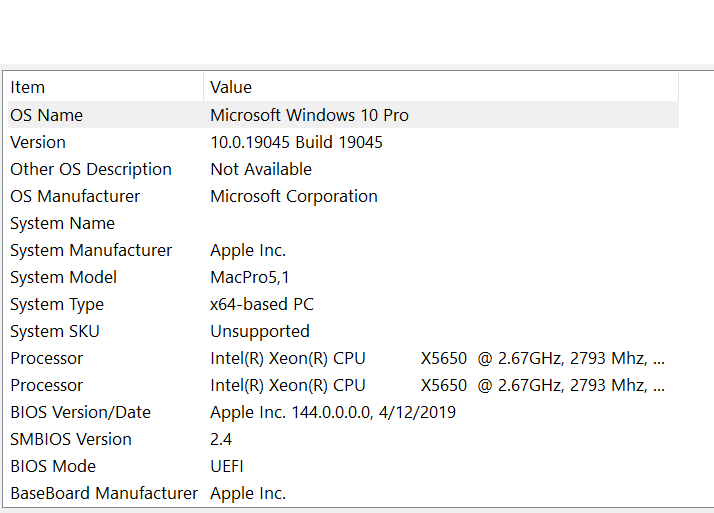 Windows 10 Pro on 2010 Mac Pro - System Information